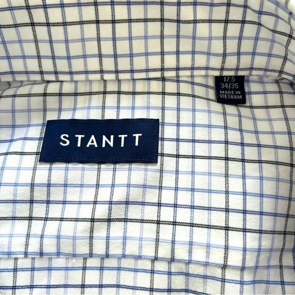 Stantt NEW Performance Tech Stretch Shirt Blue Black Tattersall Size 17.5 34/35 - Picture 3 of 13